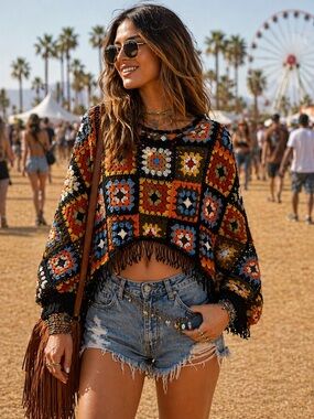 Boho Crochet Poncho Cropped Sweater